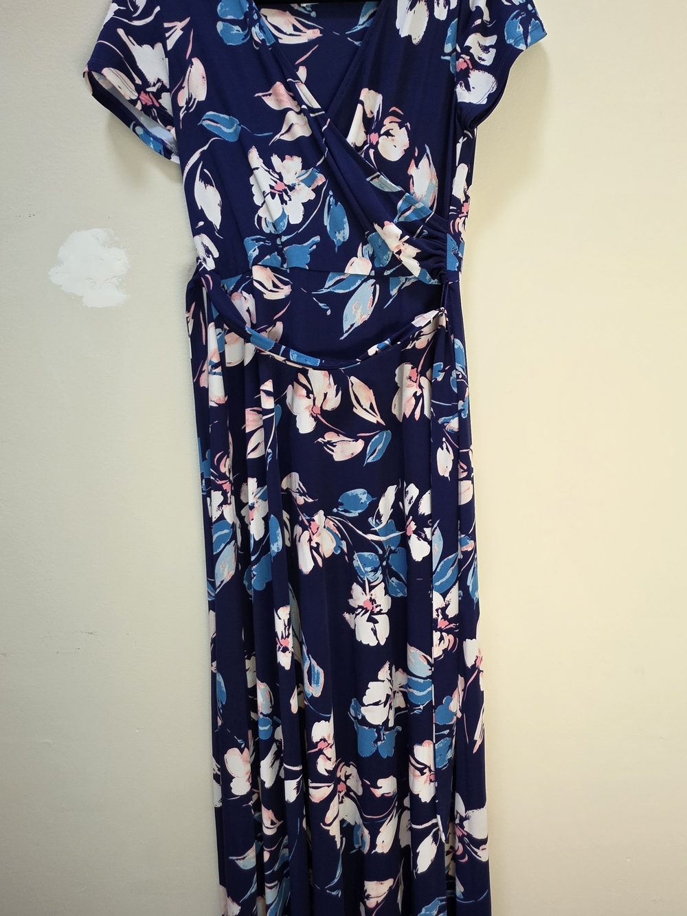 Eliza J Navy Floral Wrap Maxi Dress with Pink & Teal Blooms